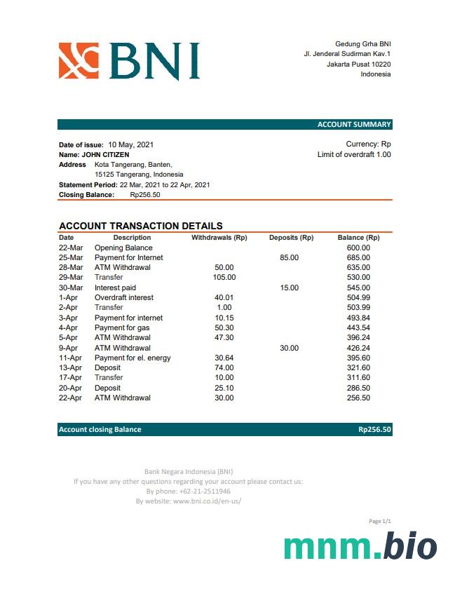 Szablon wyciągu bankowego Indonesia Bank Mandiri w programie Word i PDF